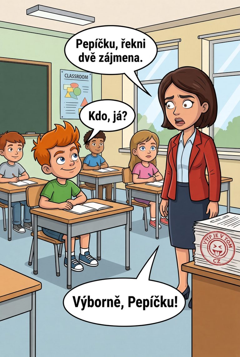 Pepíček a zájmena - Paní učitelka vyvolá Pepíčka, protože se jí zdá, že nedává...