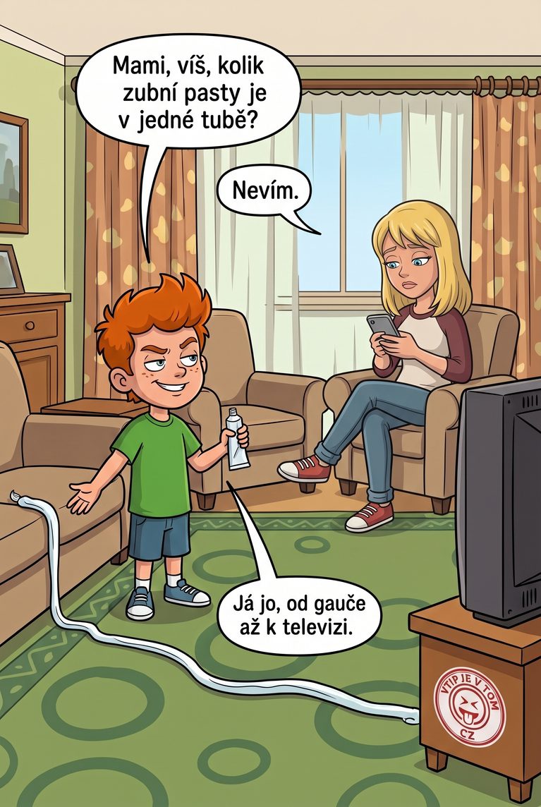 Pepíček a zubní pasta Pepíček a zubní pasta - Pepíček: „Mami, víš, kolik zubní pasty je v jedné tubě?“Maminka,...