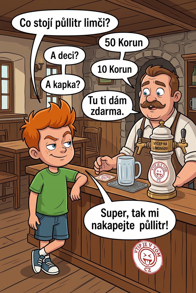 Pepíček chce limču - Pepíček: "Co stojí půllitr limči?"Hostinský: "50 Korun"Pepíček: "A deci?"Hostinský: "10...