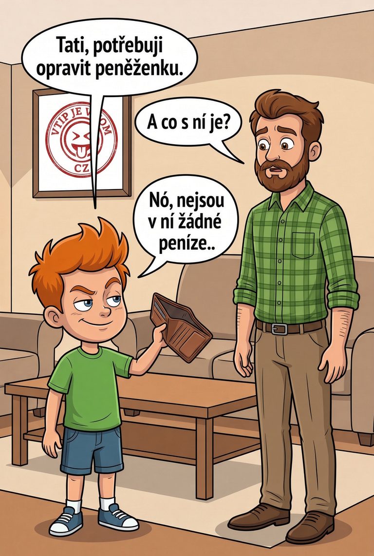 Pepíček má rozbitou peněženku - Pepíček: „Tati, potřebuji opravit peněženku.“ Tatínek: „A co s ní...
