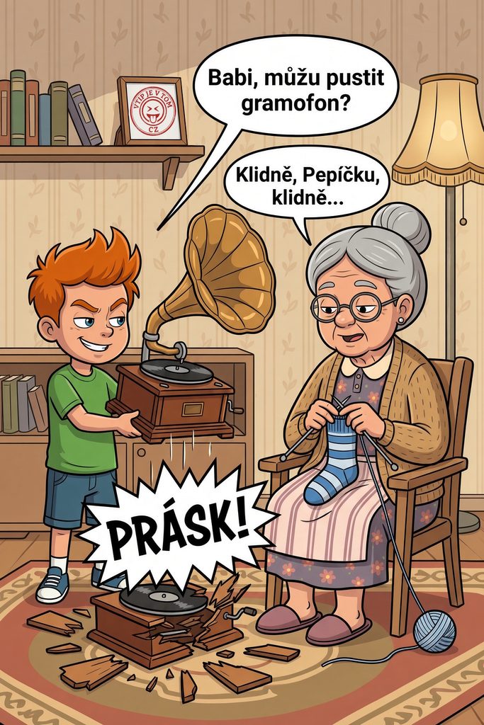 Pepíček použití gramofon Pepíček použití gramofon - Pepíček se ptá babičky: „Babi, můžu pustit gramofon?“Babička odpoví lhostejně,...