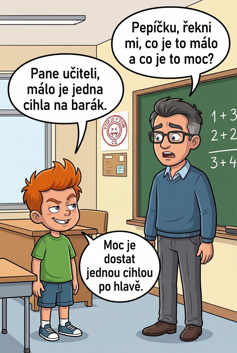 Pepíček rozdíl mezi málo a moc - Pan učitel se ptá pepíčka: "Pepíčku, řekni mi, co je...