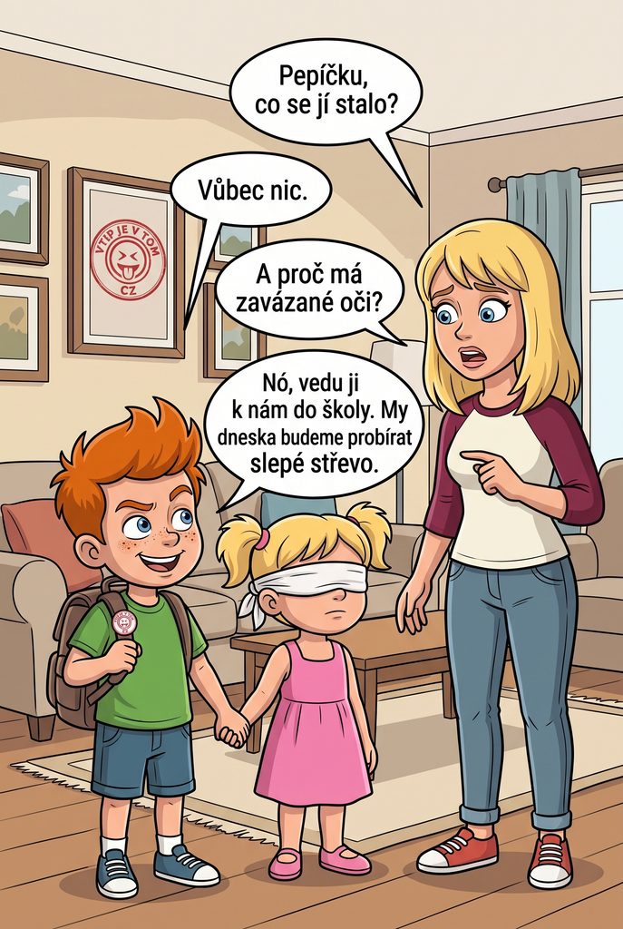 Pepíčkova sestra se zavázanýma očima - Pepíček se doma chystá jít do školy a vede za...