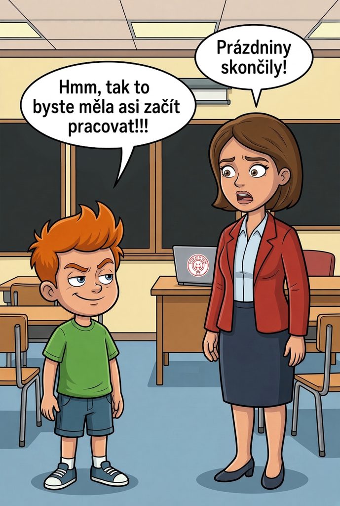 Pepíčkovy skončily prázdniny - Paní učitelka připomíná neukázněnému Pepíčkovi: „Prázdniny skončily!” Pepíček odsekne: „Hmm,...