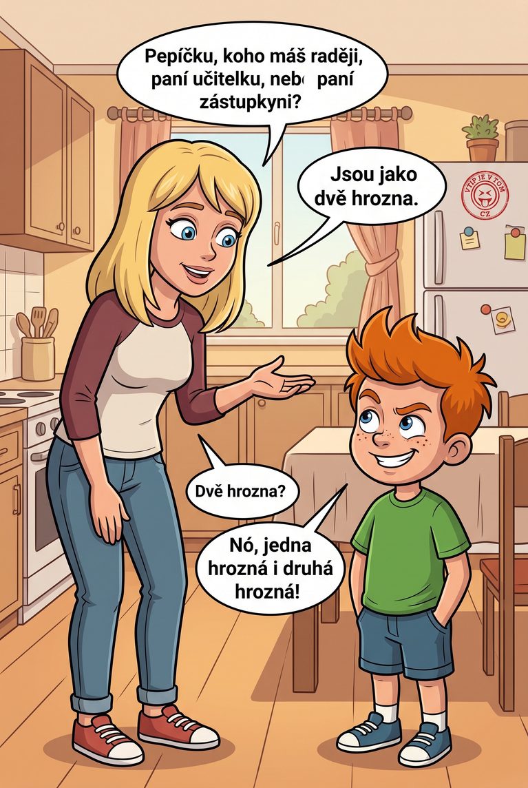Pepíček a dvě hrozna Pepíček a dvě hrozna - Maminka: „Pepíčku, koho máš raději, paní učitelku, nebo paní zástupkyni?“Pepíček:...