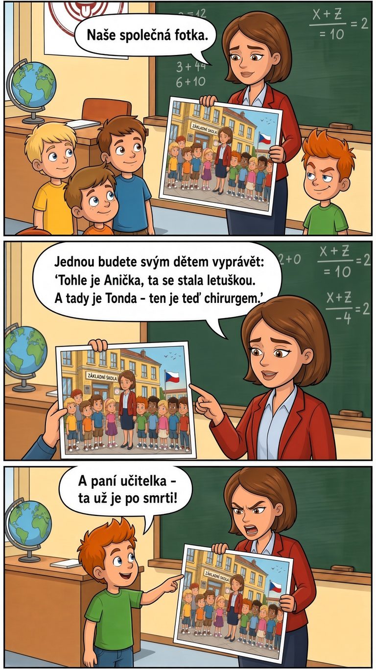 Pepíček a třídní foto - Paní učitelka: „Koukněte, naše společná fotka. Jednou budete svým dětem...