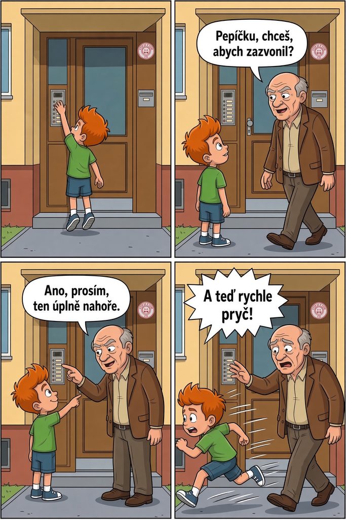Pepíček nedosáhne na zvonek - Pepíček se snaží se dosáhnout na horní zvonek, ale nedosáhne.Jde...