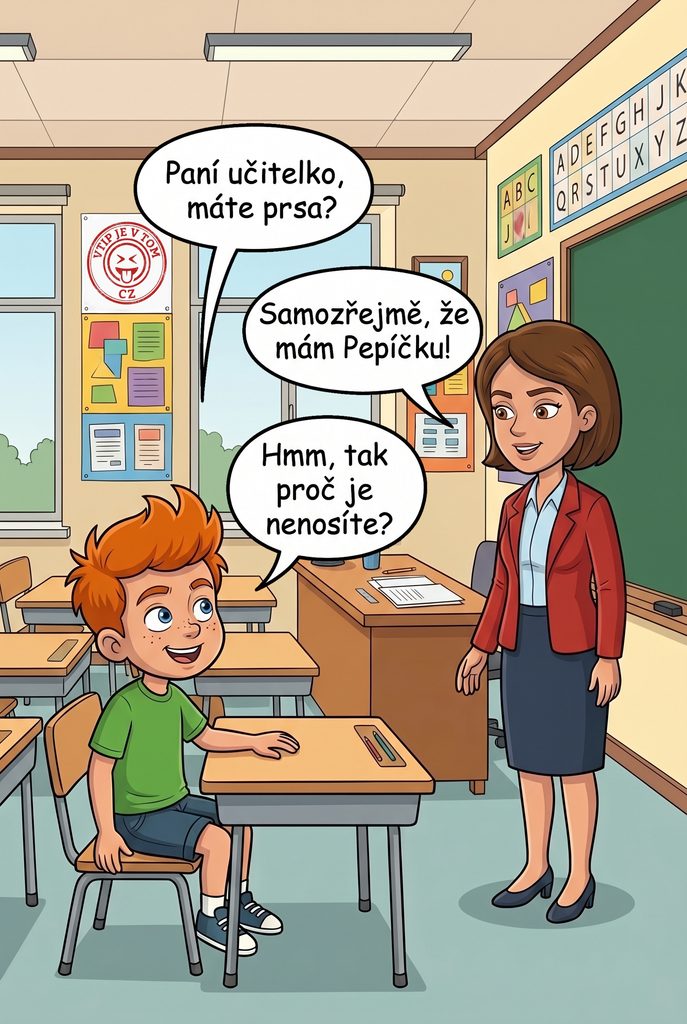 Pepíček se ptá učitelky na prsa - Pepíček sedí v lavici a ptá se učitelky: "Paní učitelko,...