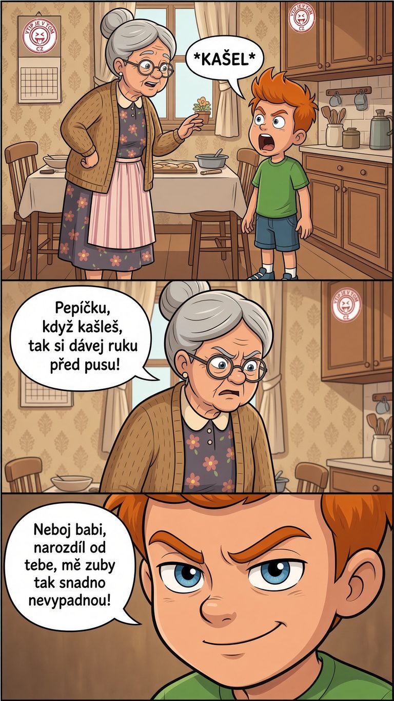 Pepíček umí kašlat - Pepíček zakašle, ale nezakryje si pusu rukou.Babička : "Pepíčku, když...