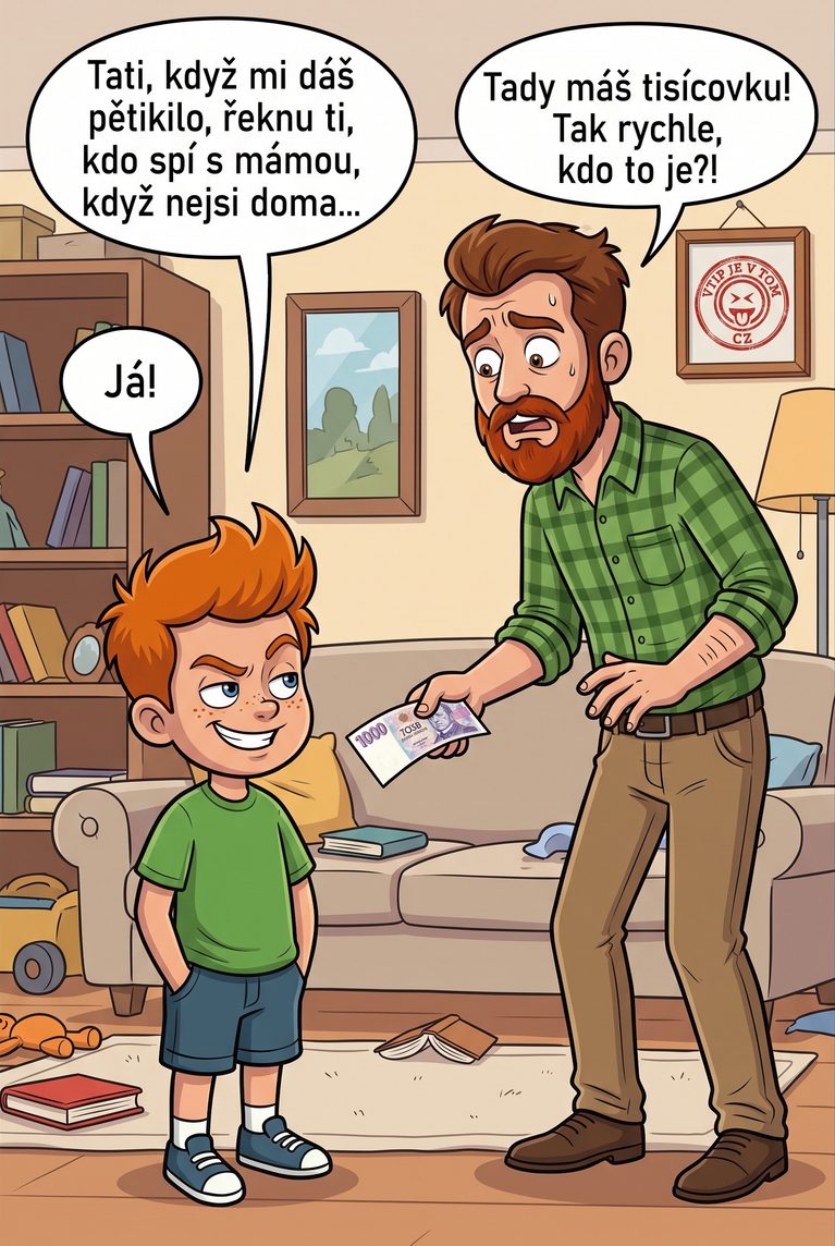 Pepíček ví, kdo spí s jeho mámou Pepíček ví, kdo spí s jeho mámou - Pepíček: „Tati, když mi dáš pětikilo, řeknu ti, kdo spí...
